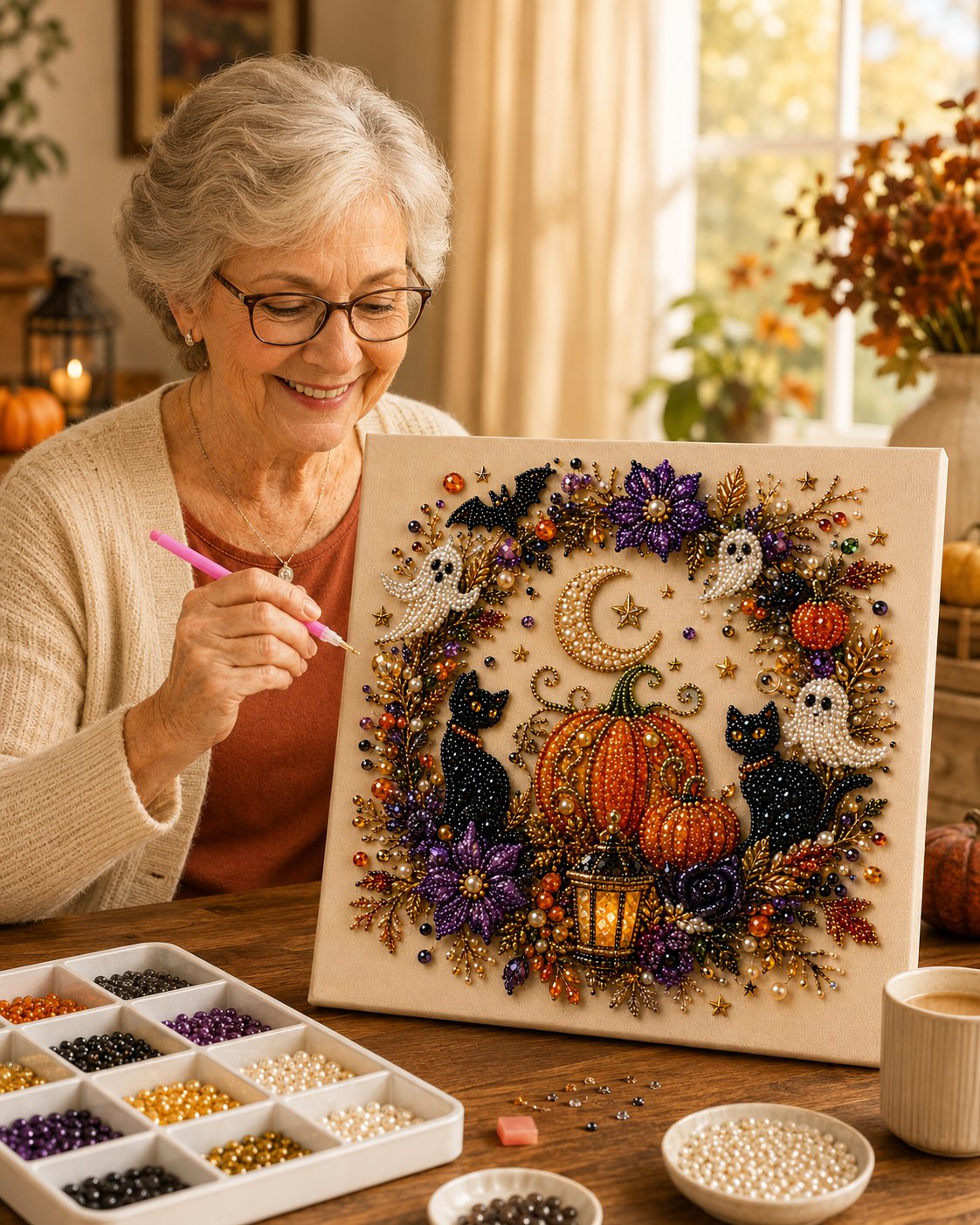 👻✨ Halloween Pearl Art DIY Kit – Spooky-Cute Ghost & Pumpkin Bead Painting Craft for Fall Decor