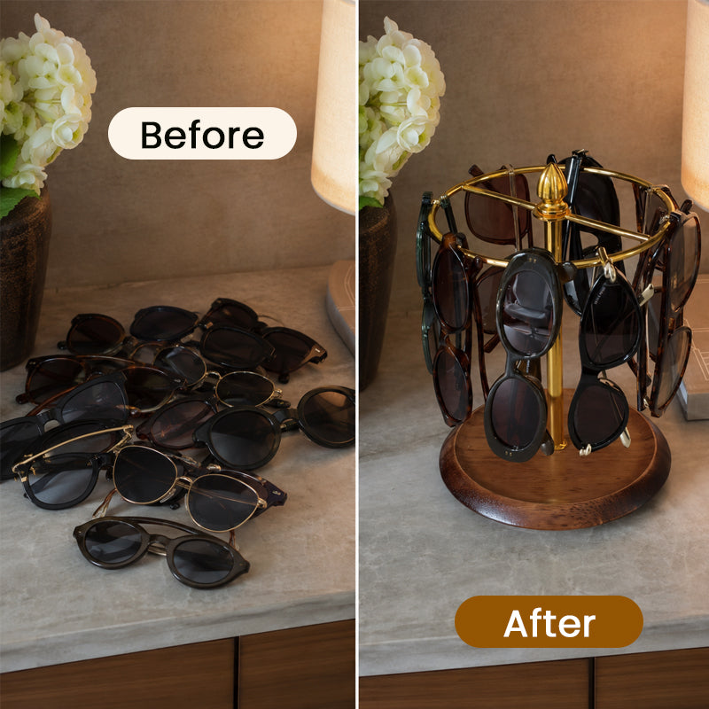 360° Rotating Glasses Holder – Wooden-Style Eyewear Display Stand for Sunglasses, Reading Glasses & Vanity Storage