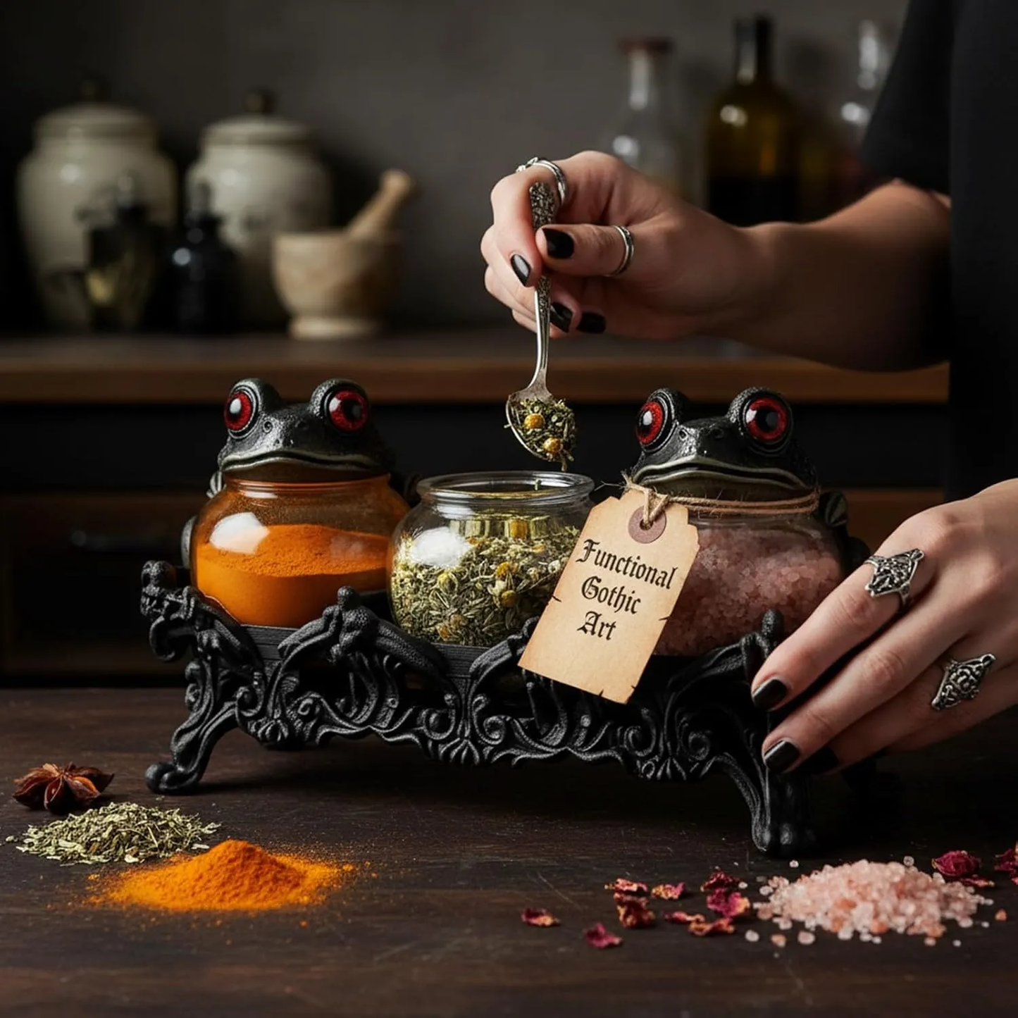 Handgjorda kryddburkar med hÀxig groda frÄn apoteket