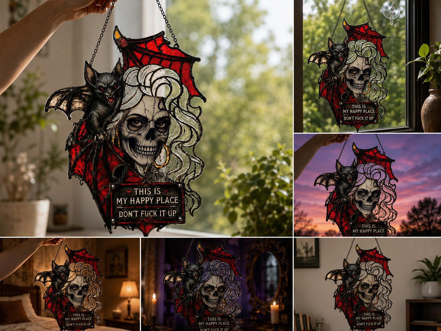 🦇💀Gothic Skull & Bat “My Happy Place” Hanging Art – Dark Humor Wall Decor