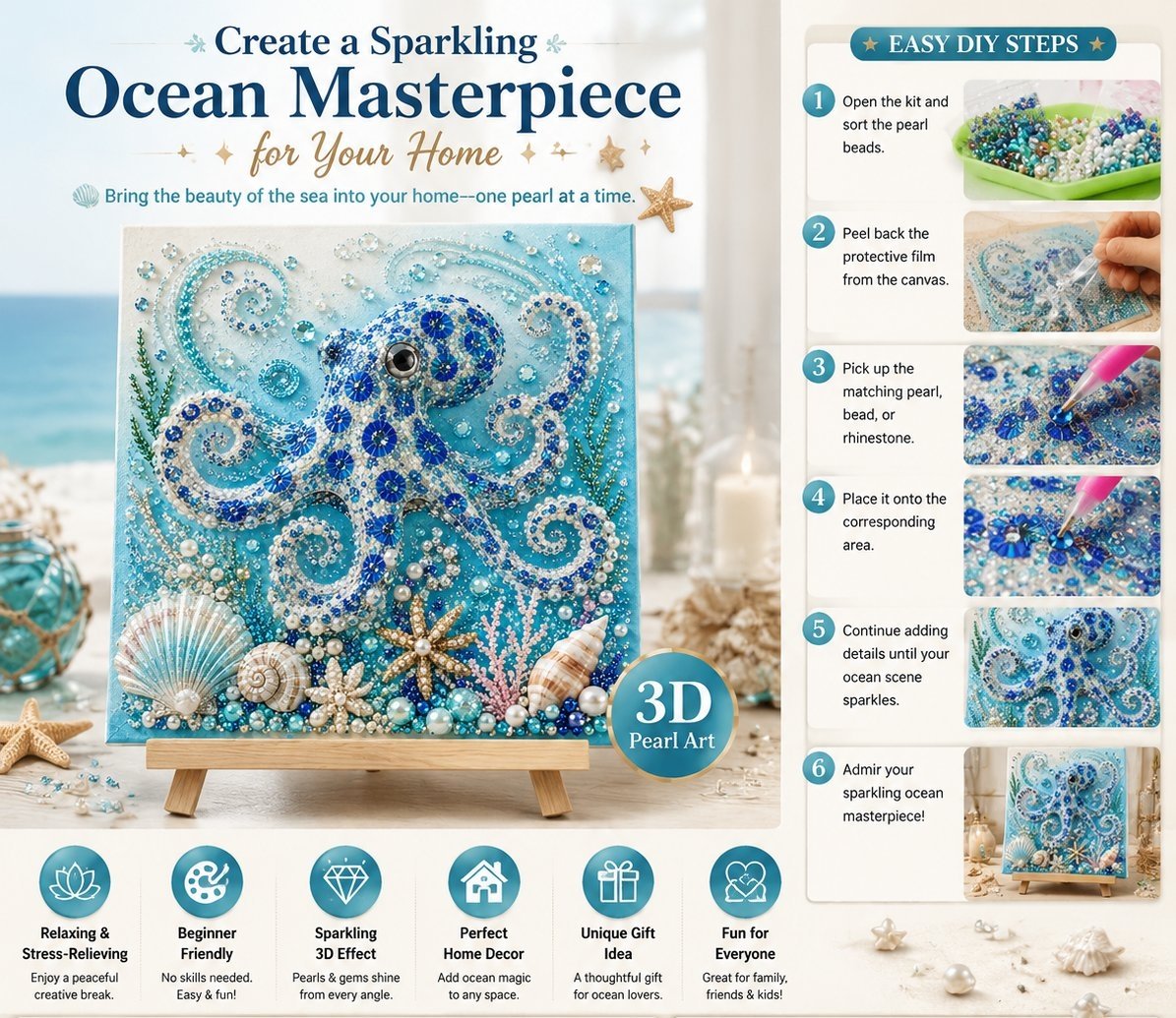 🌊✨ Ocean Theme Pearl Art DIY Kit – 3D Blue Octopus Bead Painting Craft Set for Coastal Wall Decor & Handmade Gifts