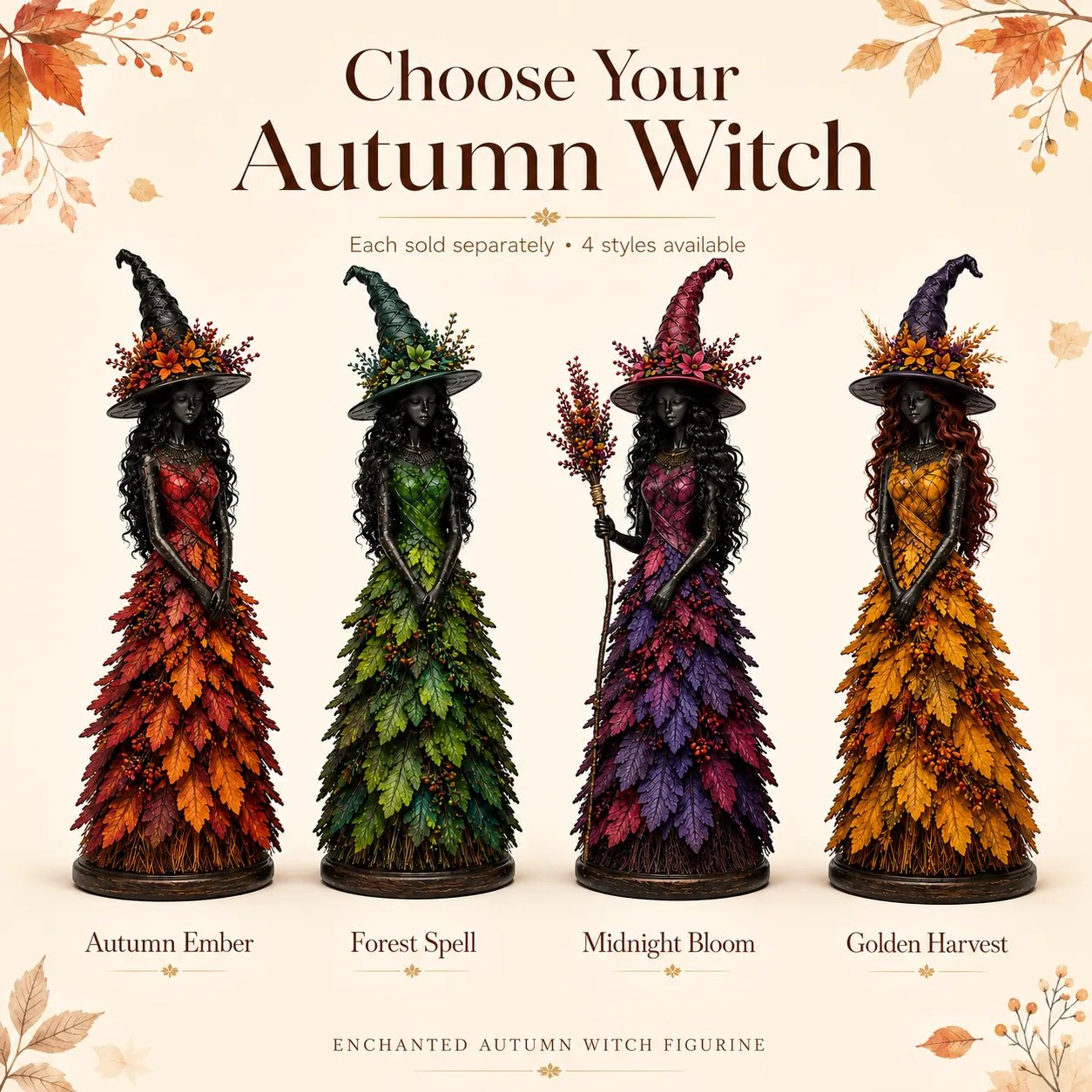 🧙 Enchanted Autumn Witch Figurine – Halloween Leaf Dress Tabletop Ornament for Mantel, Shelf & Cosy Seasonal Decor