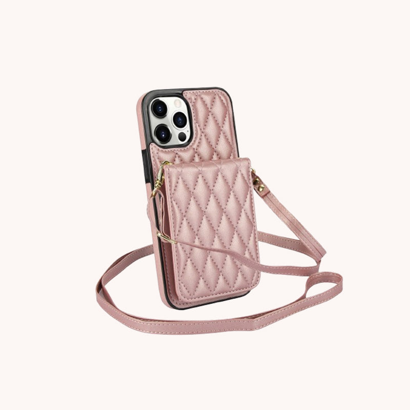 Korthållare i Chanel-stil med långt axelband i rep, damfodral