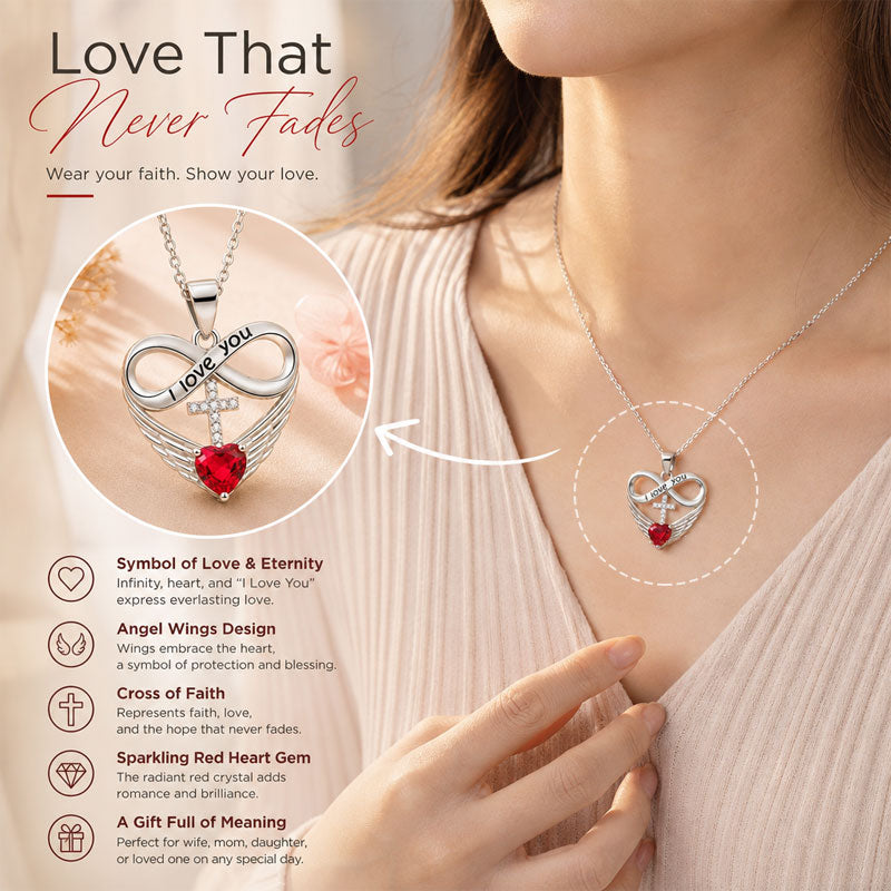 I Love You Forever Heart Angel Wing Cross Necklace – Red Heart Pendant Gift for Wife, Mom, Daughter & Loved Ones