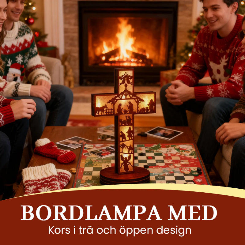 Bordlampa med kors i trä och öppen design