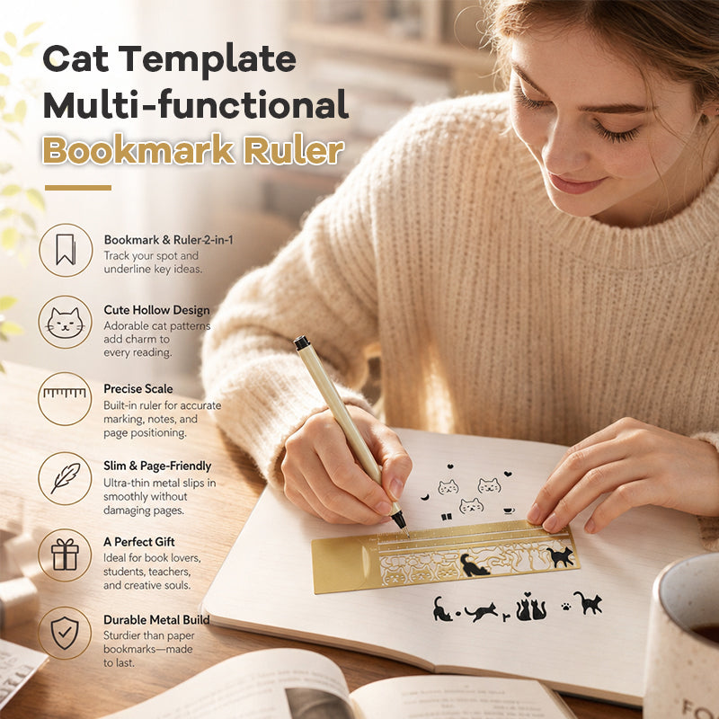 Cat Template Multi-Functional Bookmark Ruler – Metal Cat Bookmark with Ruler Markings for Reading, Journaling & Study Notes
