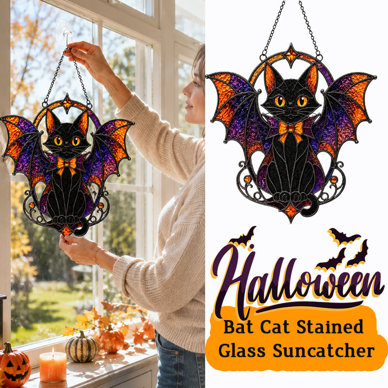 Halloween Bat Cat Stained Glass Suncatcher – Gothic Window Hanging Decor