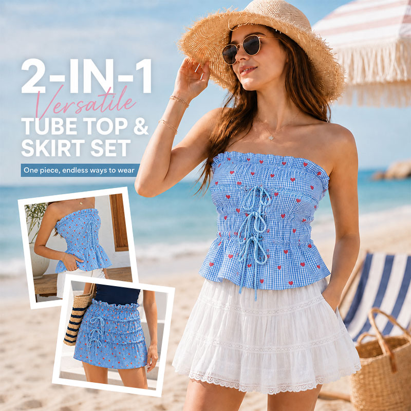 2-in-1 Ruched Bandeau Top & Skirt – Convertible Drawstring Summer Outfit