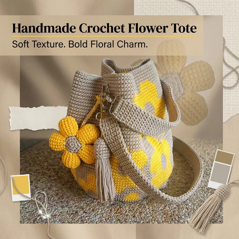 Hand-Crocheted Floral Tote Bag – Handmade Style Cotton Crochet Shoulder Bag 🌼✨