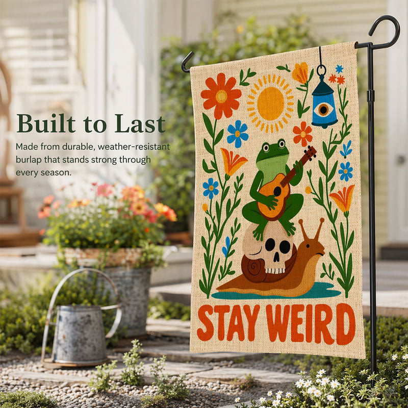 Stay Weird Garden Flag – Funny Frog & Snail Outdoor Yard Decor
