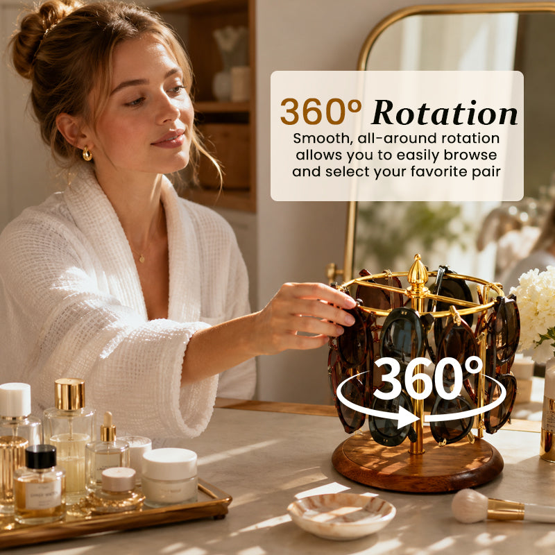 360° Rotating Glasses Holder – Wooden-Style Eyewear Display Stand for Sunglasses, Reading Glasses & Vanity Storage