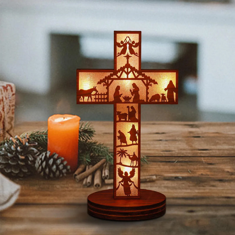 Bordlampa med kors i trä och öppen design