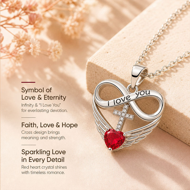 I Love You Forever Heart Angel Wing Cross Necklace – Red Heart Pendant Gift for Wife, Mom, Daughter & Loved Ones