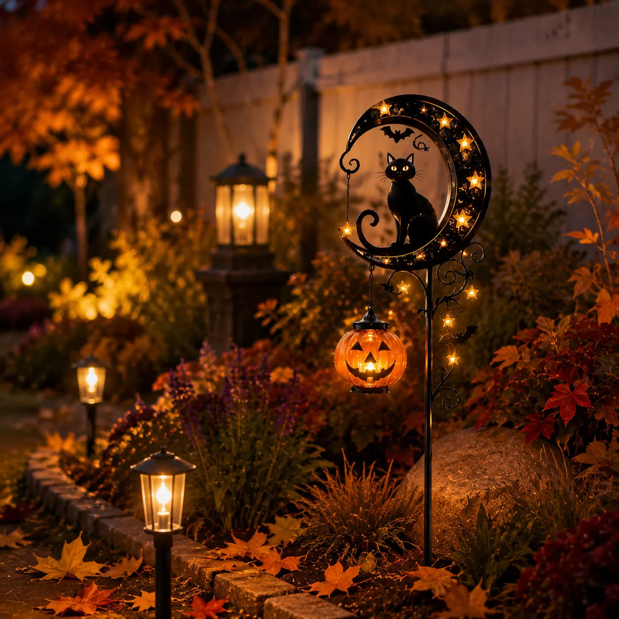 🎃Solar Halloween Black Cat Garden Stake Light – Crescent Moon & Pumpkin Outdoor Yard Decor