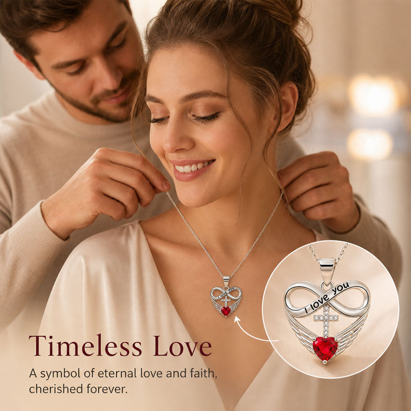 I Love You Forever Heart Angel Wing Cross Necklace – Red Heart Pendant Gift for Wife, Mom, Daughter & Loved Ones