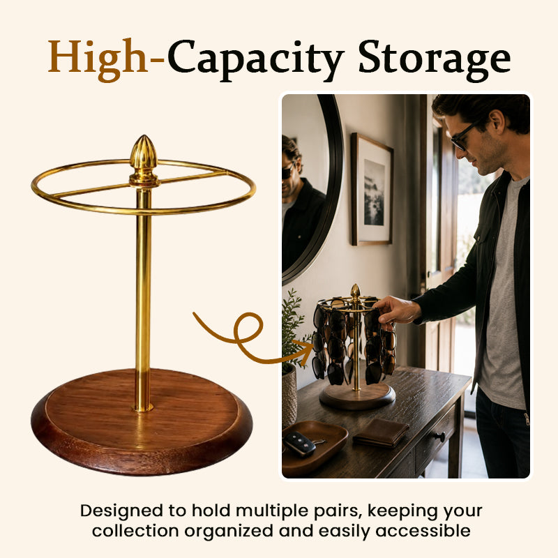 360° Rotating Glasses Holder – Wooden-Style Eyewear Display Stand for Sunglasses, Reading Glasses & Vanity Storage