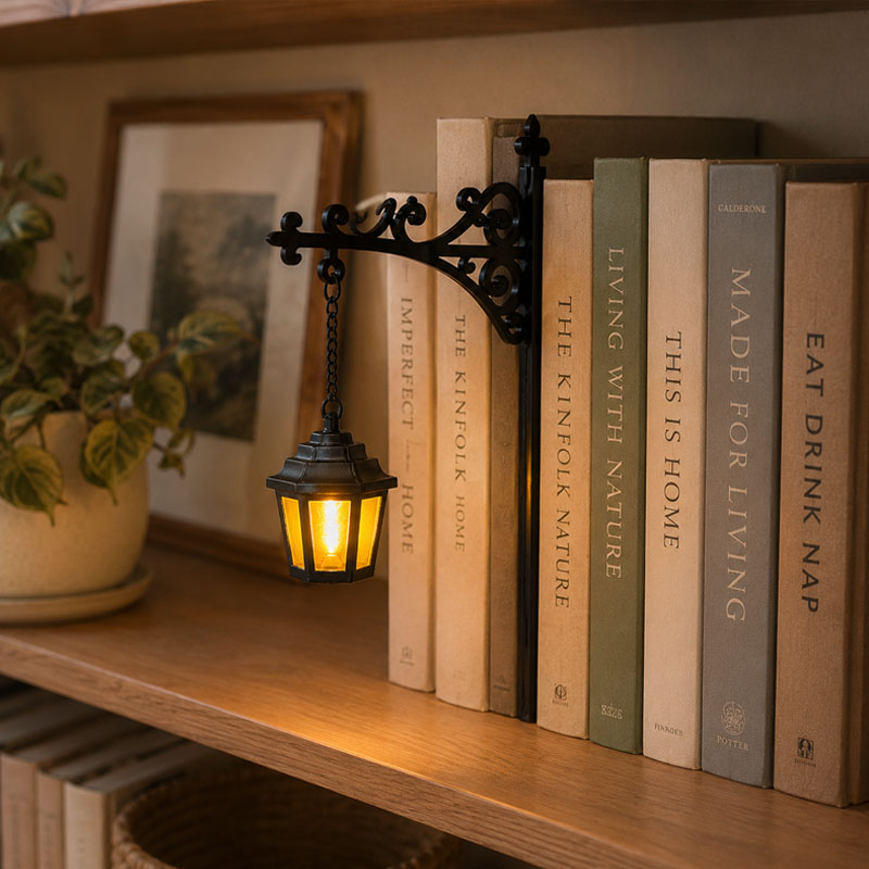 Vintage Bookshelf Lantern Decor – Hanging Shelf Accent for Reading Nooks, Home Libraries & Book Lovers