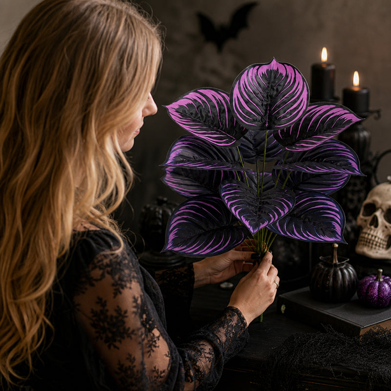 Artificial Purple Calathea Plant – Gothic Faux Plant for Halloween, Fall Decor, Shelves & Moody Home Styling