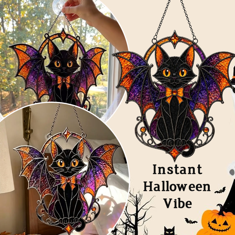 Halloween Bat Cat Stained Glass Suncatcher – Gothic Window Hanging Decor
