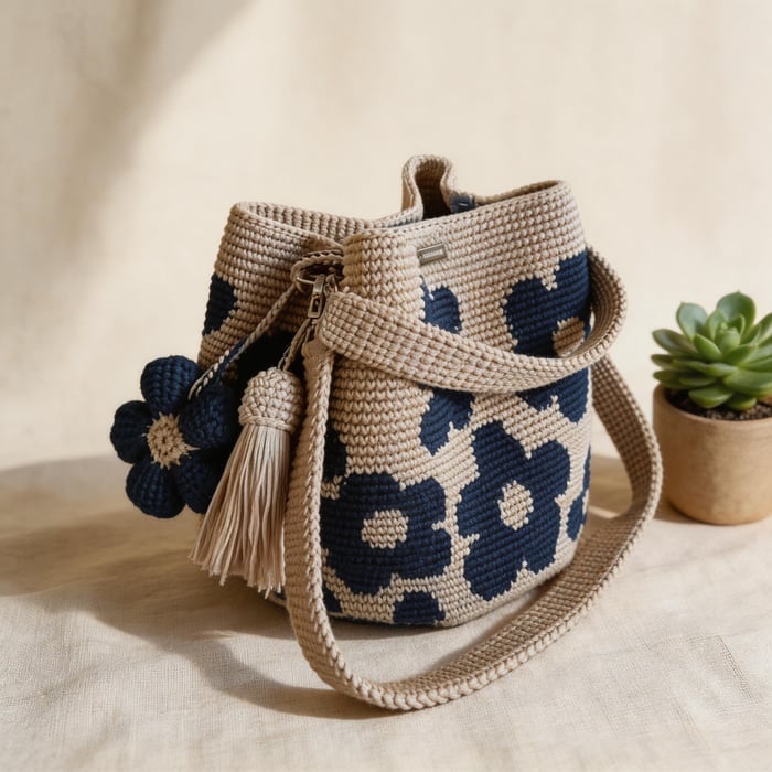 Hand-Crocheted Floral Tote Bag – Handmade Style Cotton Crochet Shoulder Bag 🌼✨