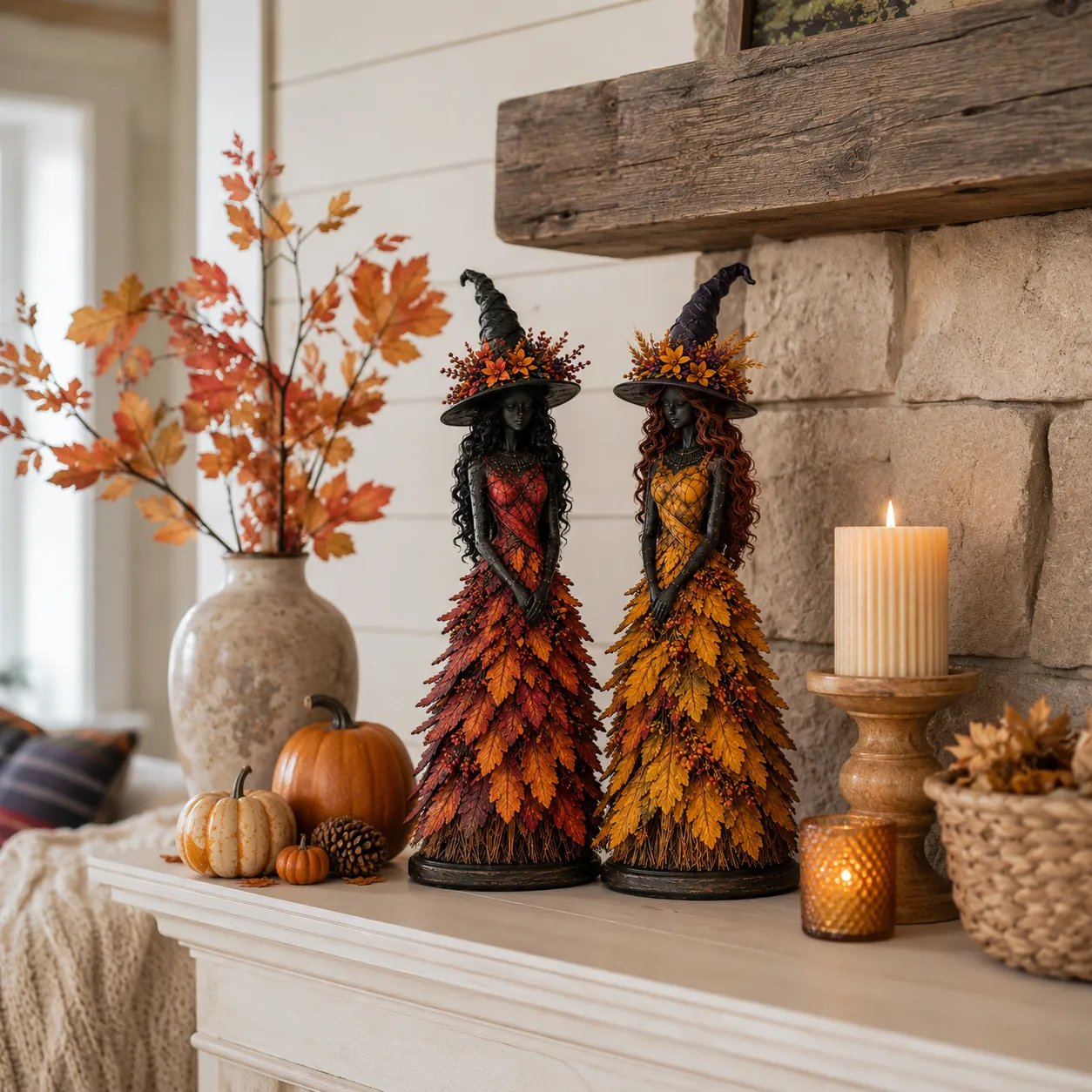 🧙 Enchanted Autumn Witch Figurine – Halloween Leaf Dress Tabletop Ornament for Mantel, Shelf & Cosy Seasonal Decor