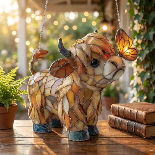Window decoration with Scottish Highland cow: butterfly window hanger