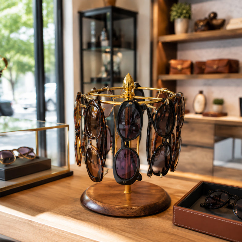 360° Rotating Glasses Holder – Wooden-Style Eyewear Display Stand for Sunglasses, Reading Glasses & Vanity Storage