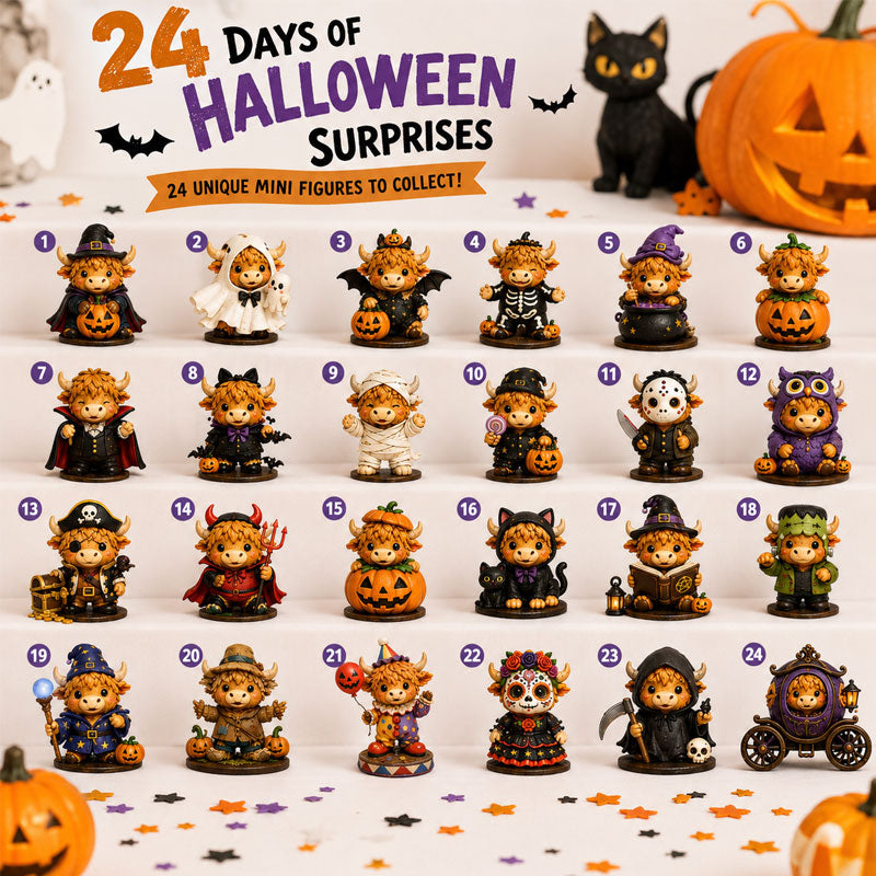 🐮🎃3D Highland Cow Halloween Countdown Calendar – 24-Day Surprise Box with Collectible Mini Figures