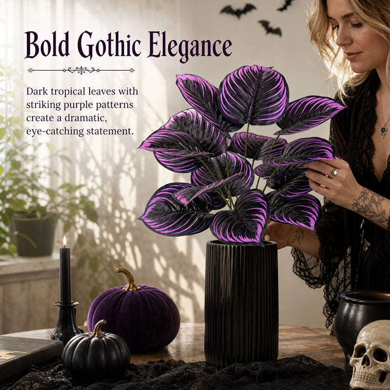 Artificial Purple Calathea Plant – Gothic Faux Plant for Halloween, Fall Decor, Shelves & Moody Home Styling