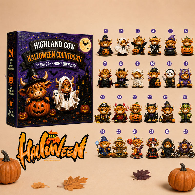 🐮🎃3D Highland Cow Halloween Countdown Calendar – 24-Day Surprise Box with Collectible Mini Figures