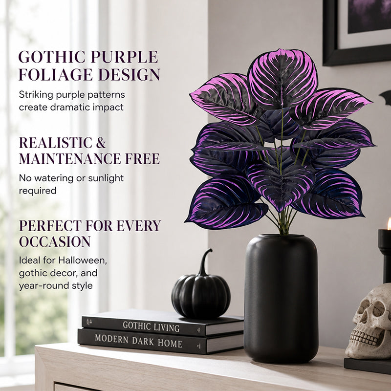 Artificial Purple Calathea Plant – Gothic Faux Plant for Halloween, Fall Decor, Shelves & Moody Home Styling