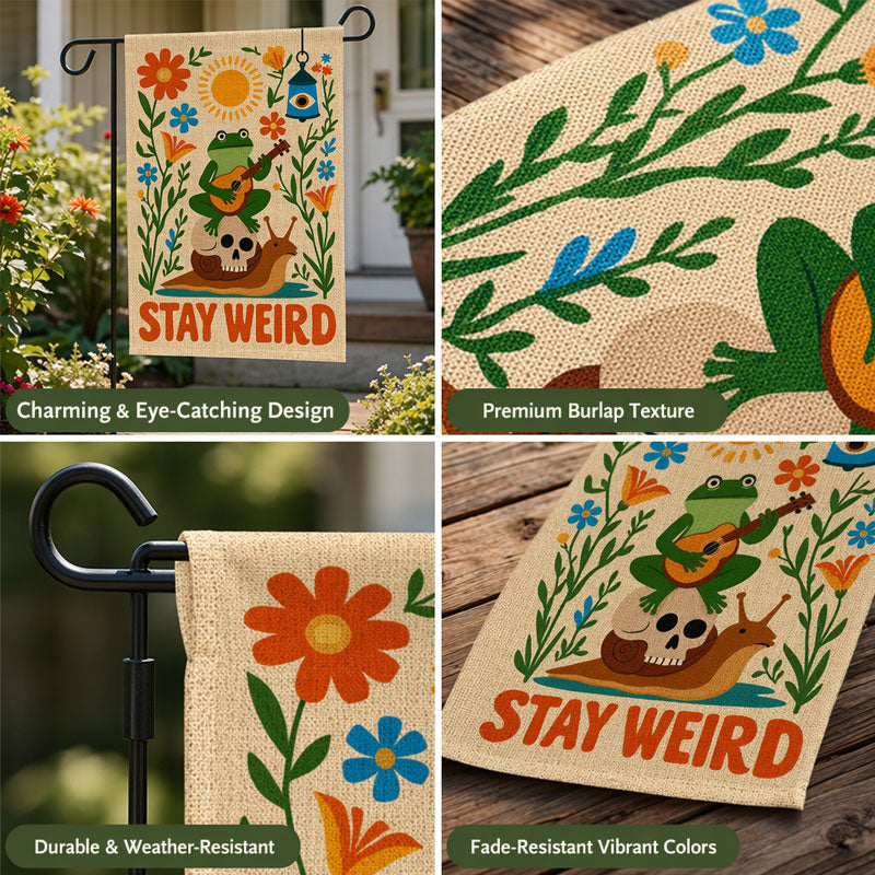 Stay Weird Garden Flag – Funny Frog & Snail Outdoor Yard Decor