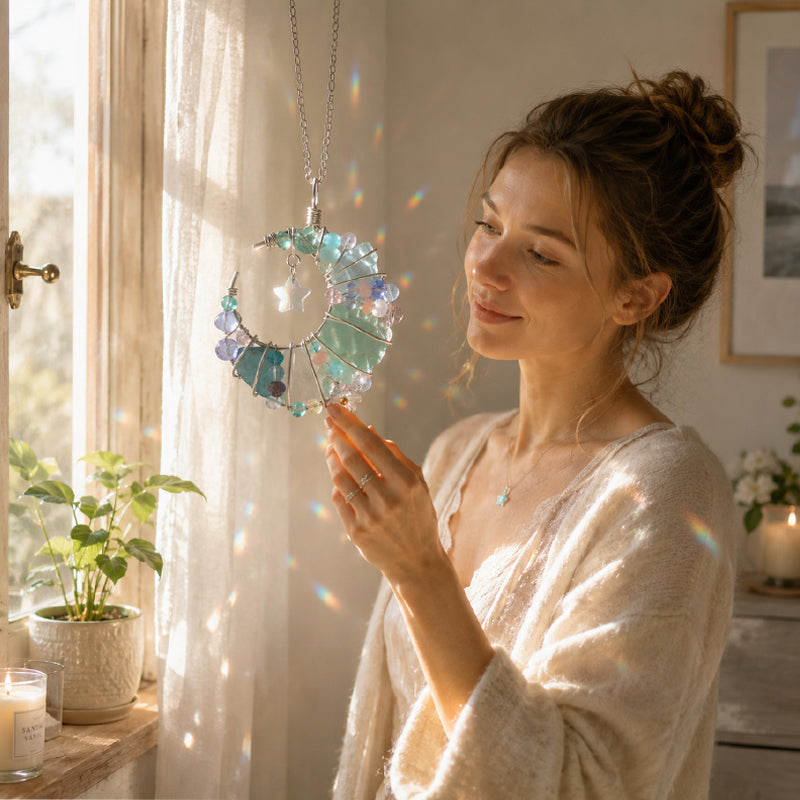 Handmade Crystal Crescent Moon Hanging Ornament