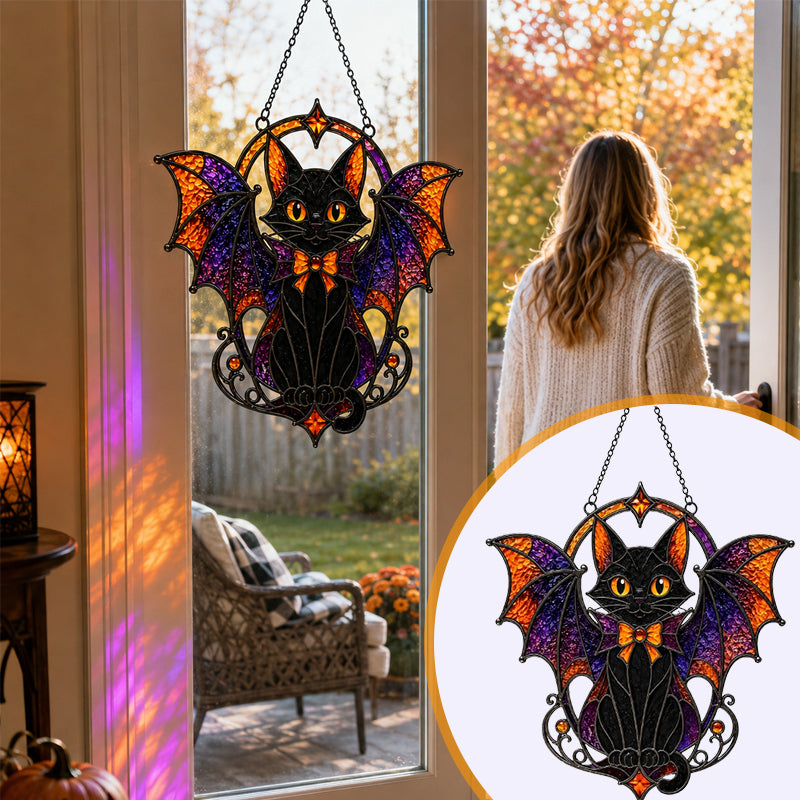 Halloween Bat Cat Stained Glass Suncatcher – Gothic Window Hanging Decor