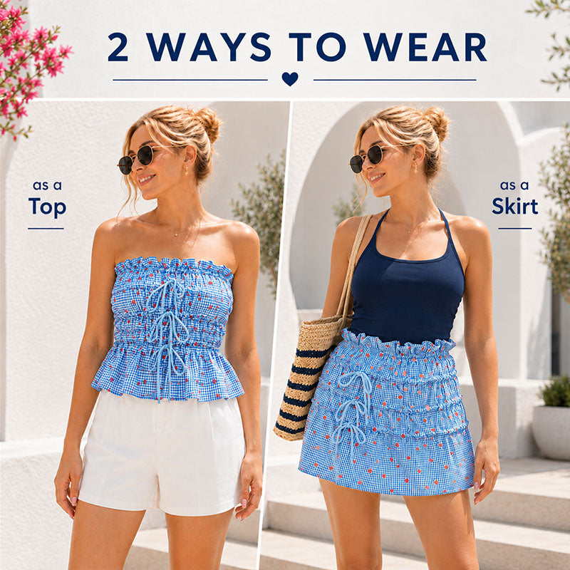 2-in-1 Ruched Bandeau Top & Skirt – Convertible Drawstring Summer Outfit