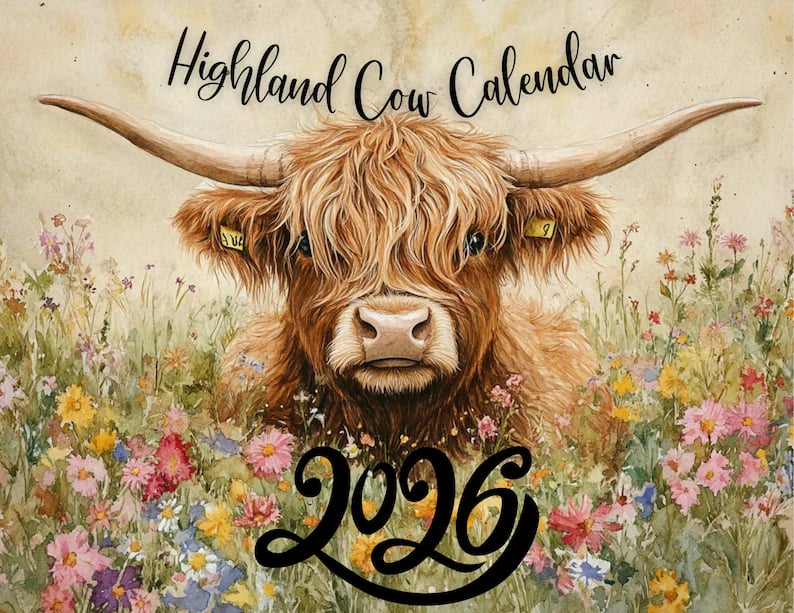 🐮Höglandskonkalender 2026 – Rustik lantlig väggkonst och månadsplanerare📅