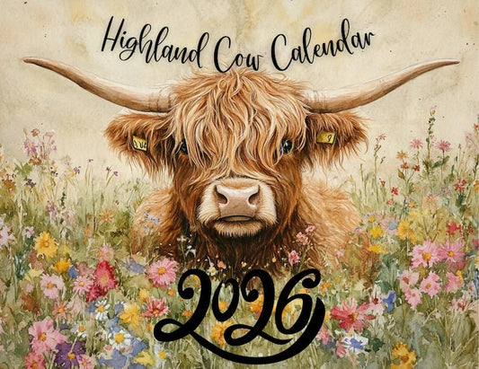 🐮Höglandskonkalender 2026 – Rustik lantlig väggkonst och månadsplanerare📅