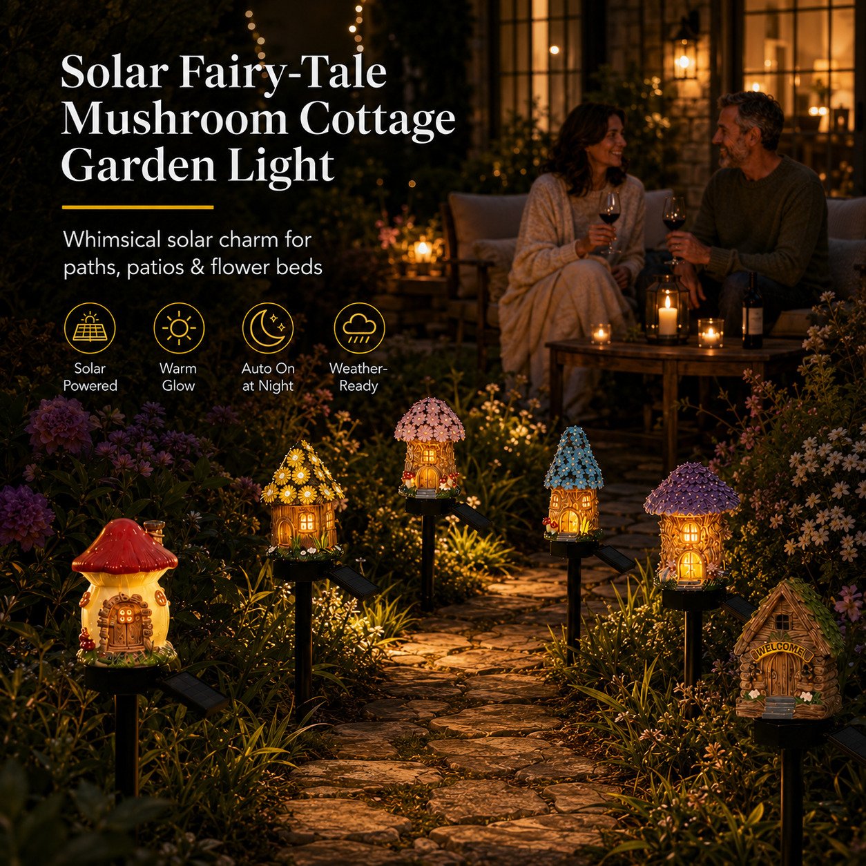 Solar Fairy-Tale Mushroom Cottage Garden Light – Warm Glow Outdoor Decor for Flower Beds & Pathways