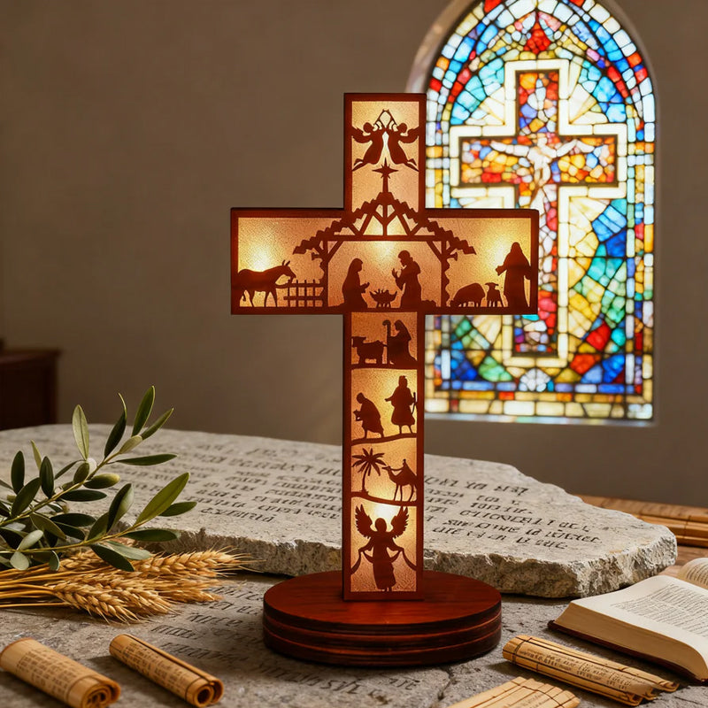 Bordlampa med kors i trä och öppen design