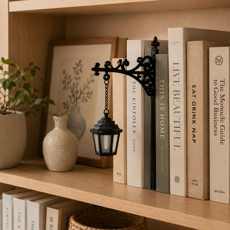 Vintage Bookshelf Lantern Decor – Hanging Shelf Accent for Reading Nooks, Home Libraries & Book Lovers