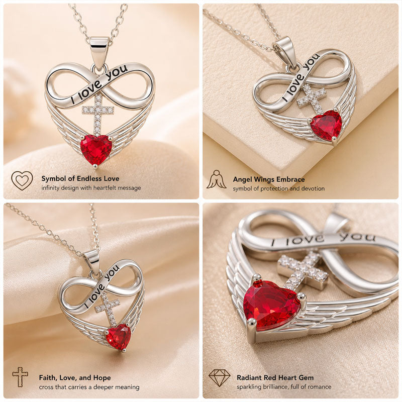 I Love You Forever Heart Angel Wing Cross Necklace – Red Heart Pendant Gift for Wife, Mom, Daughter & Loved Ones