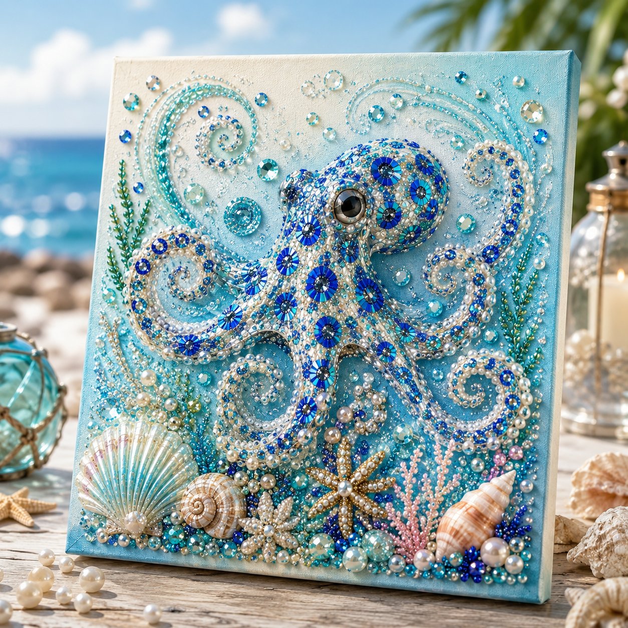 🌊✨ Ocean Theme Pearl Art DIY Kit – 3D Blue Octopus Bead Painting Craft Set for Coastal Wall Decor & Handmade Gifts
