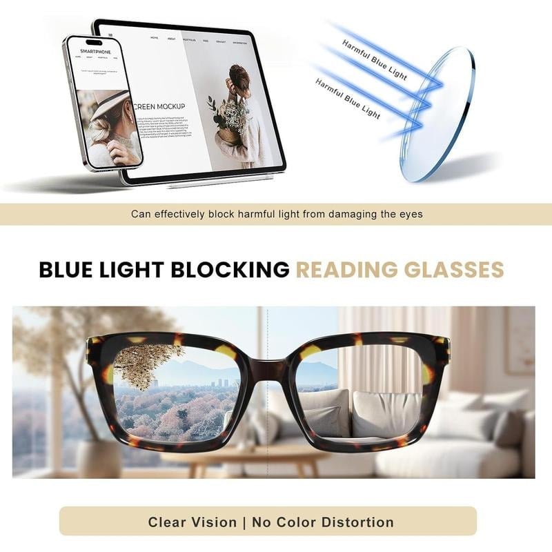 👓3-pack Tortoiseshell Reading Glasses – Oversized Square Reading Glasses That Block Blue Light