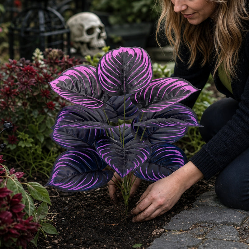 Artificial Purple Calathea Plant – Gothic Faux Plant for Halloween, Fall Decor, Shelves & Moody Home Styling
