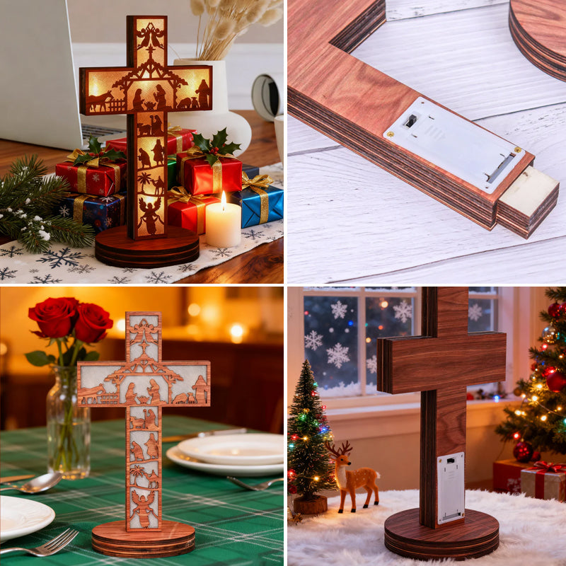 Bordlampa med kors i trä och öppen design