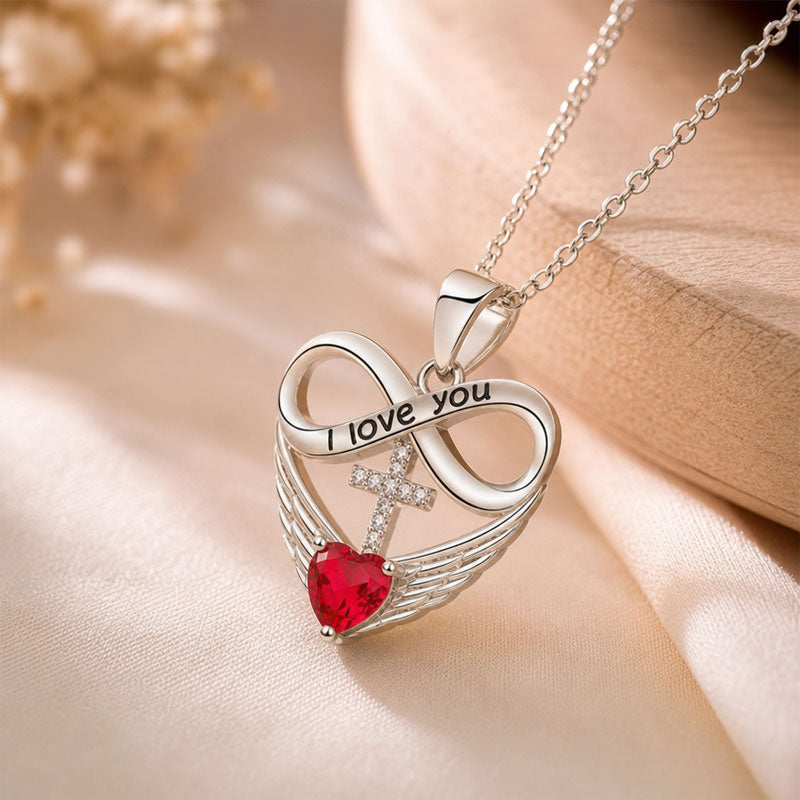 I Love You Forever Heart Angel Wing Cross Necklace – Red Heart Pendant Gift for Wife, Mom, Daughter & Loved Ones
