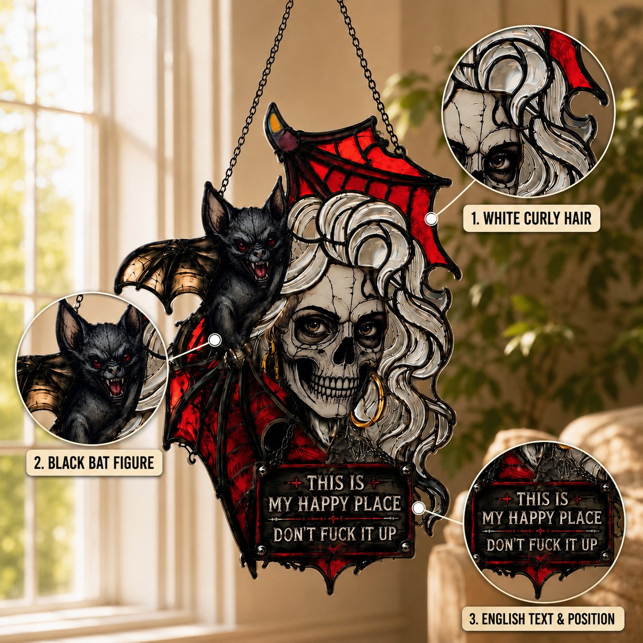 🦇💀Gothic Skull & Bat “My Happy Place” Hanging Art – Dark Humor Wall Decor