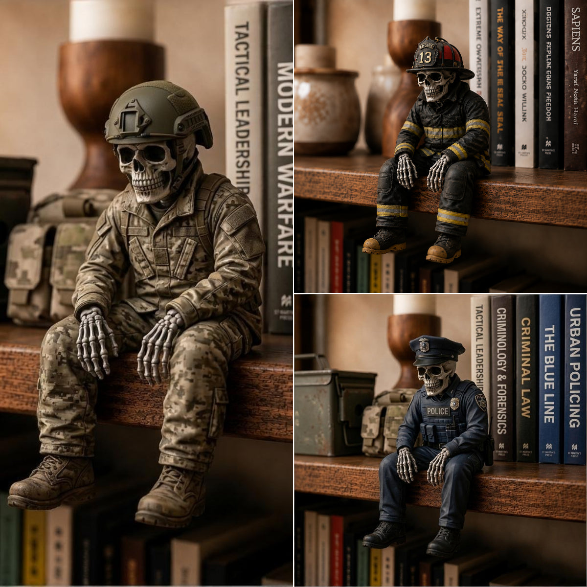 🎖️ Hero Skeleton Shelf Sitters | Police Officer & Soldier Resin Decor