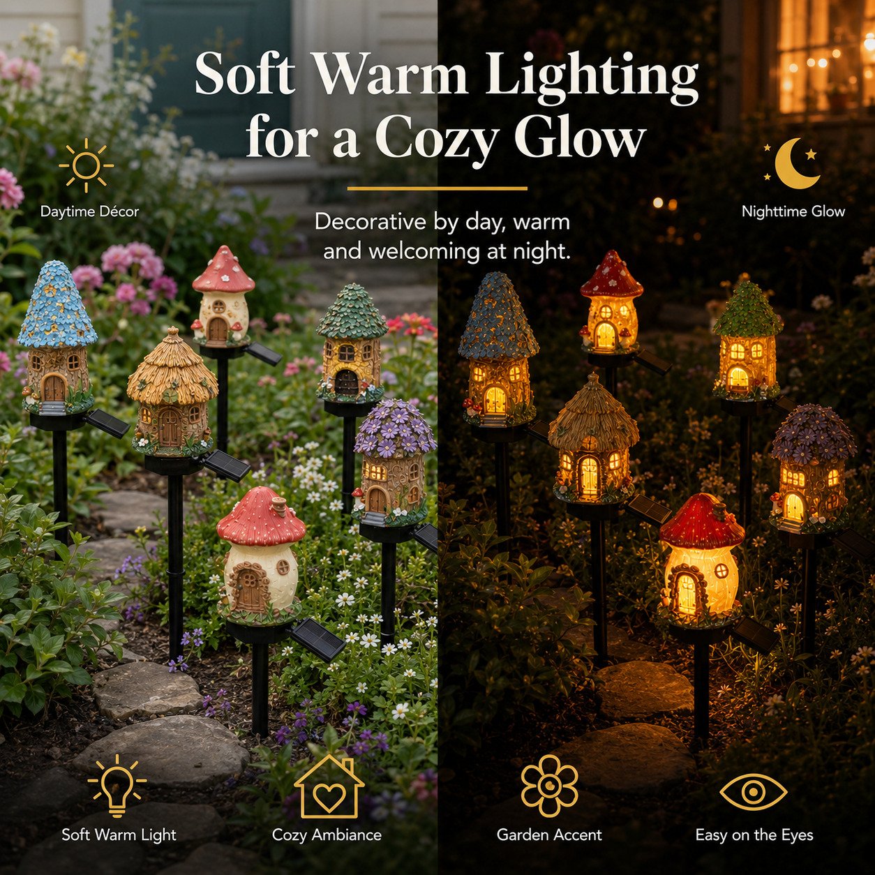 Solar Fairy-Tale Mushroom Cottage Garden Light – Warm Glow Outdoor Decor for Flower Beds & Pathways