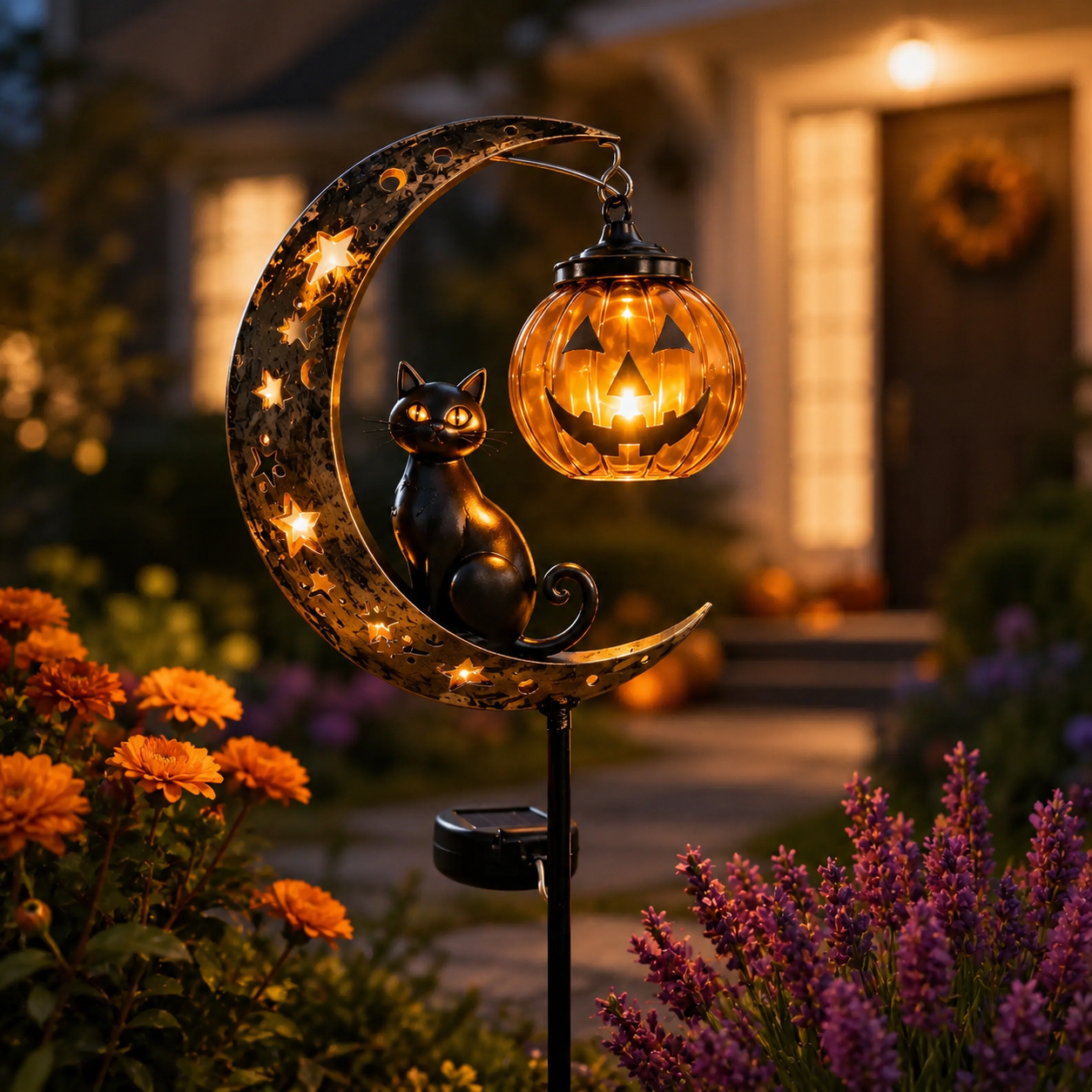 Solar Halloween Black Cat & Pumpkin Moon Garden Stake Light – Outdoor Pathway Yard Decor